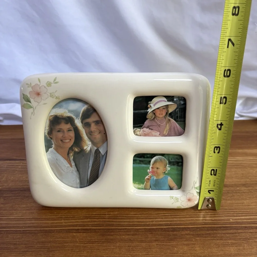 Vintage Fetco 1984 Ceramic 3 Opening Picture Frame White Floral 7.5 x 6
